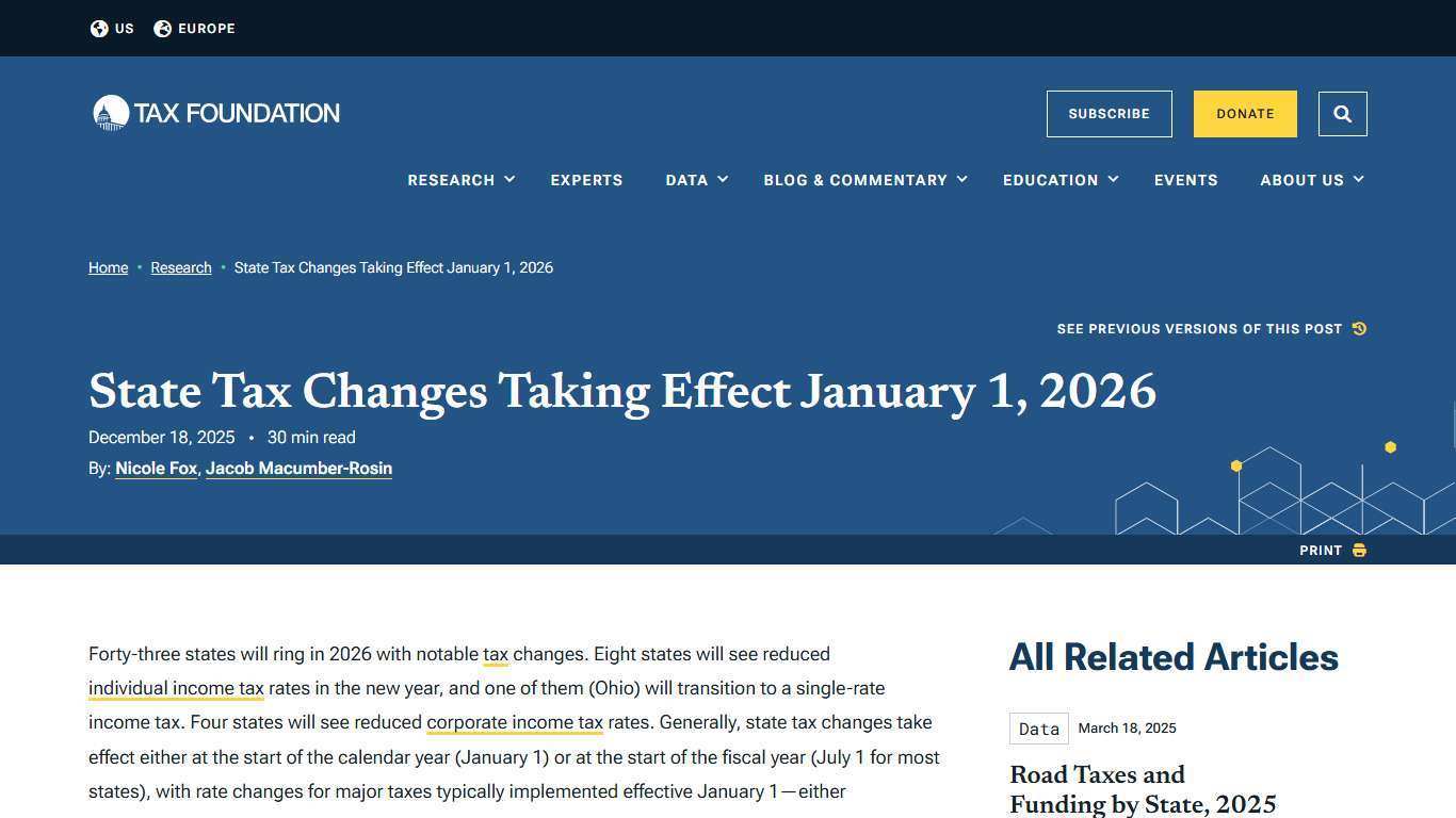 2026 State Tax Changes Taking Effect January 1st | Tax Foundation